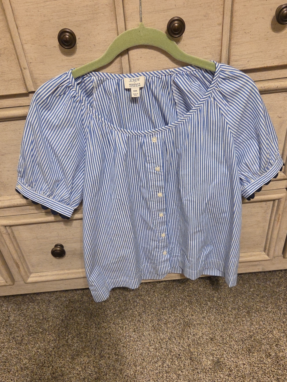 J. Crew Blue and White Striped Button-Down Puff Sleeve Blouse
